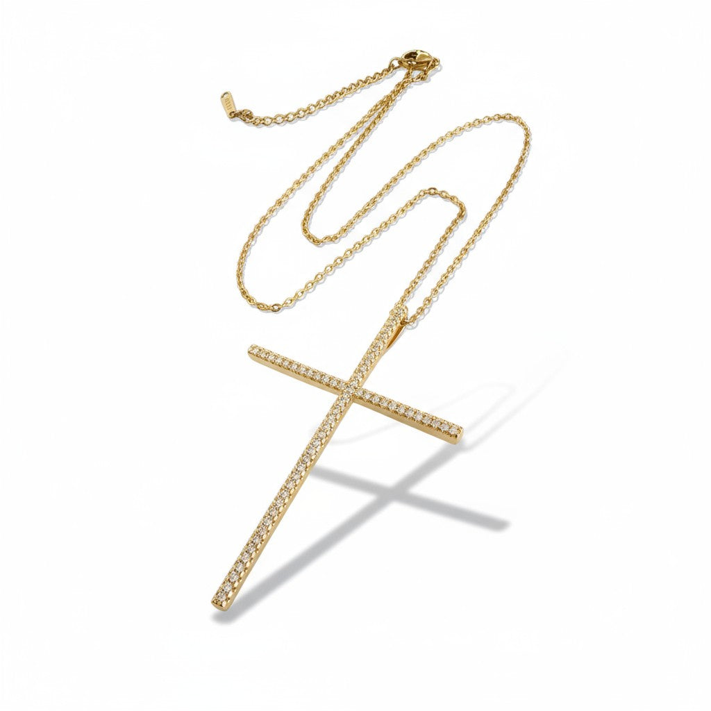 Ατσάλινο κολιέ με σταυρό 5,5×4 εκ και λευκά ζιργκόν So Cute by Dimi