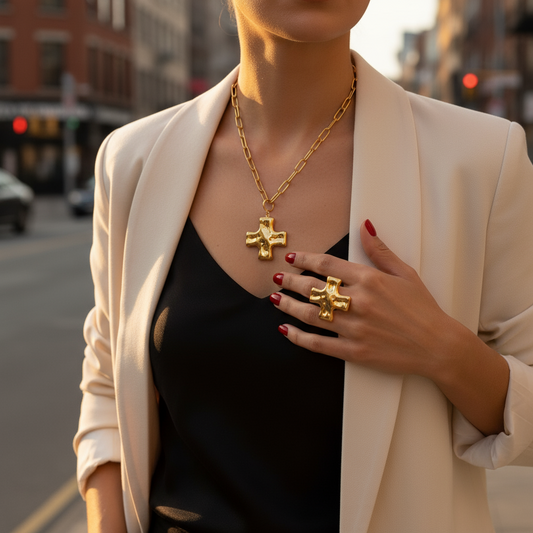 Ατσάλινο κολιέ και δαχτυλίδι με hammered σταυρό σε χρυσή απόχρωση — premium κοσμήματα με Ion Plating επίστρωση, So Cute by Dimi Wholesale