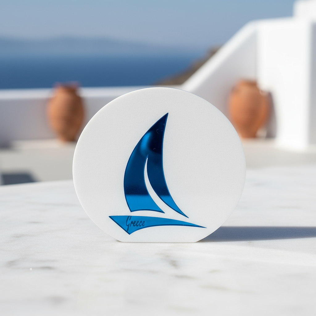 Επιτραπέζιο γούρι Ιστιοφόρο από πλεξιγκλάς καθρέφτη με μπλε και λευκό φινίρισμα και τη λέξη Greece, χειροποίητο So Cute by Dimi – ιδανικό για ναυτικά και καλοκαιρινά δώρα.