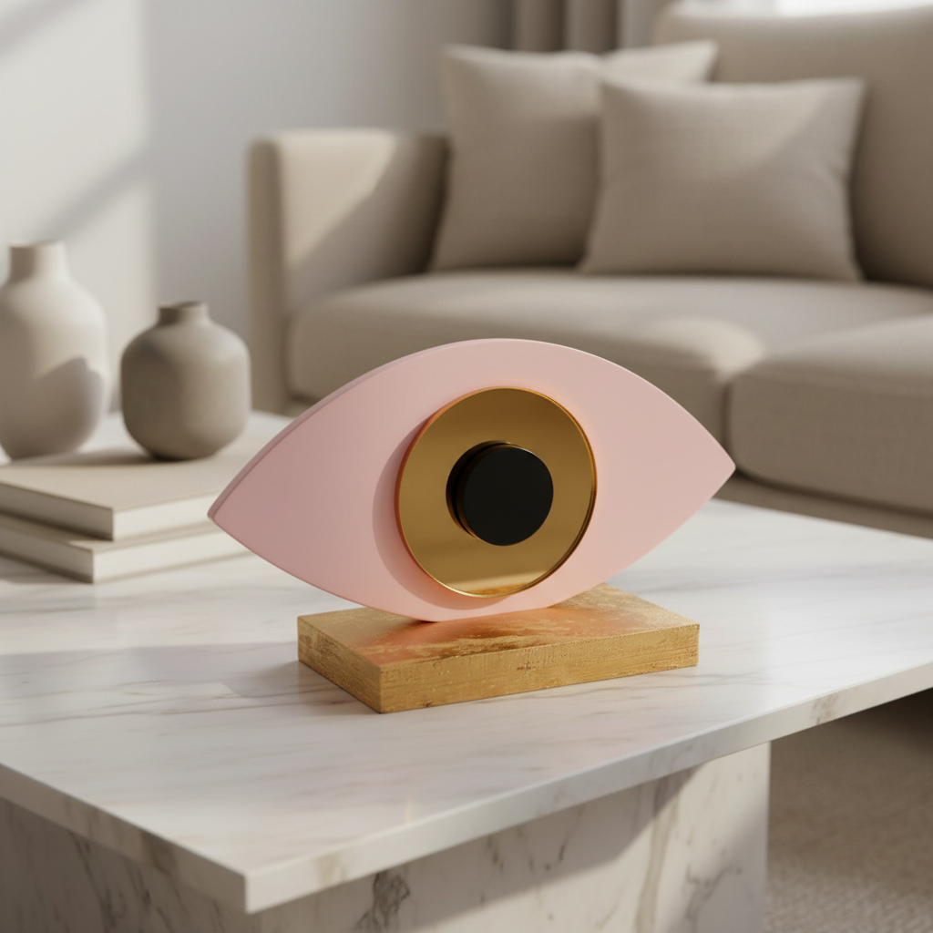 Οβάλ χειροποίητο γούρι plexiglass με μάτι και ξύλινη βάση – So Cute by Dimi