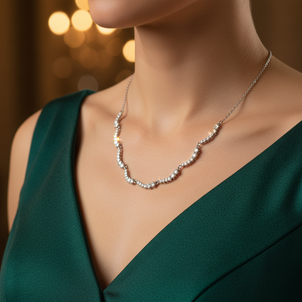 Ατσάλινο κολιέ με κύμα λευκών ζιργκόν σε ασημί και χρυσό – So Cute Wholesale