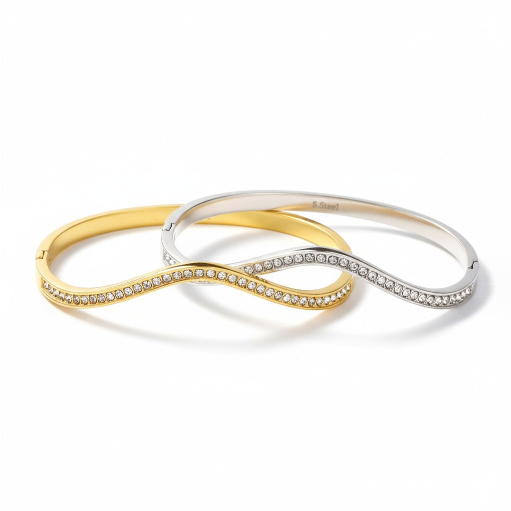 Ατσάλινο βραχιόλι με ζιργκόν σε κυματιστό σχέδιο – Crystal Wave Bangle