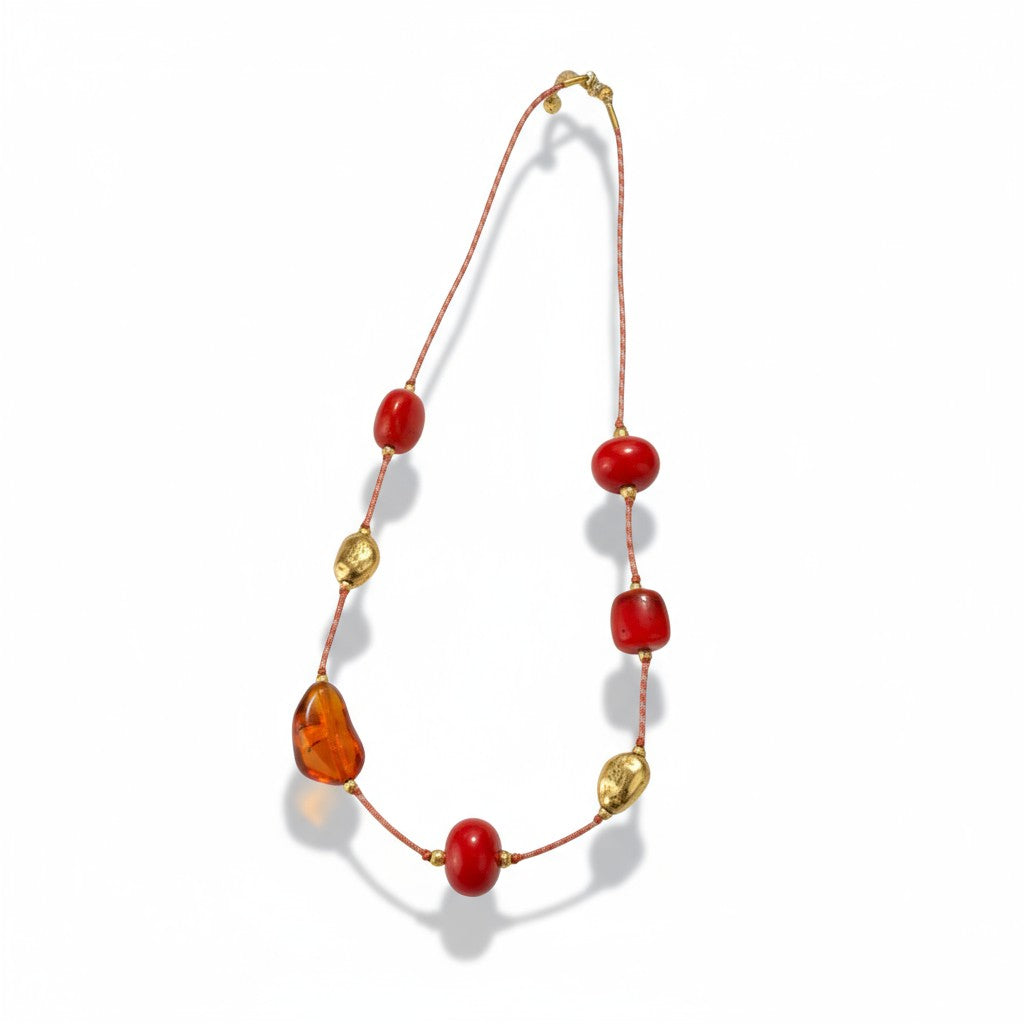 Μακρύ κολιέ με κορδόνι, χάντρες πέτρας και ατσάλινα μεταλλικά στοιχεία – So Cute by Dimi Χονδρική