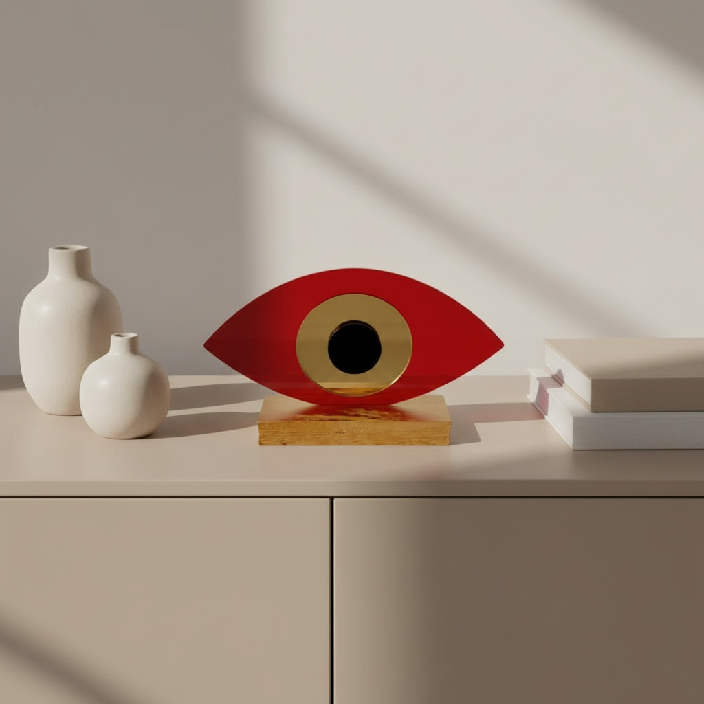 Οβάλ χειροποίητο γούρι plexiglass με μάτι και ξύλινη βάση – So Cute by Dimi