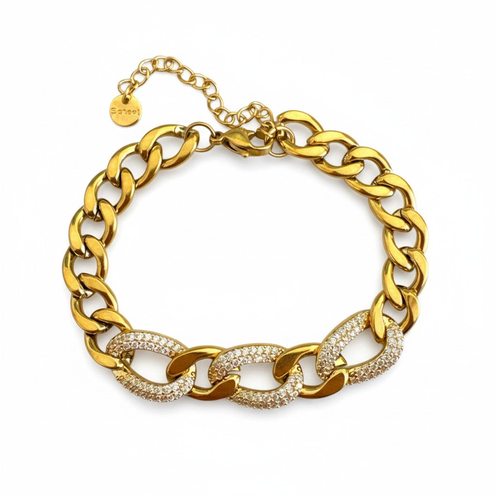 Chunky stainless steel chain bracelet with pavé crystal links in gold and silver – So Cute by Dimi.