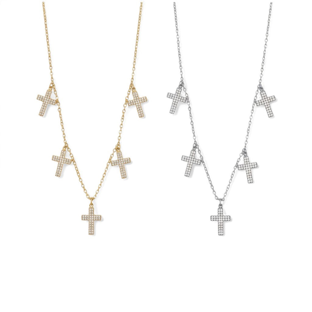 Crystal Cross Charm Necklace – Ατσάλινο Κολιέ με Πέντε Mini Σταυρούς & Ζιργκόν | So Cute by Dimi Χονδρική