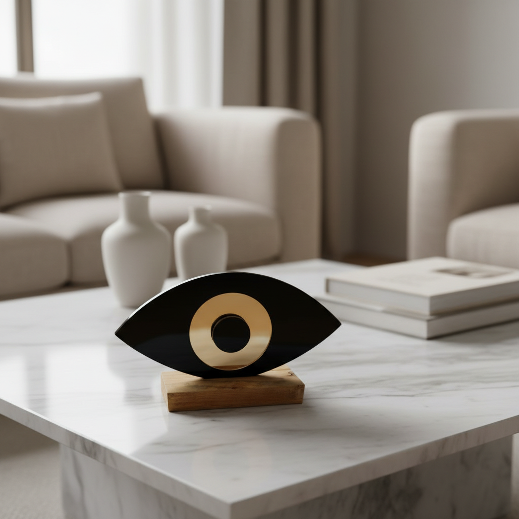 Οβάλ χειροποίητο γούρι plexiglass με μάτι και ξύλινη βάση – So Cute by Dimi