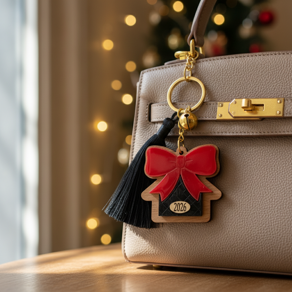 Χειροποίητο μπρελόκ γούρι 2026 με ξύλινο σπίτι και κόκκινο plexi φιόγκο, χονδρική So Cute by Dimi.