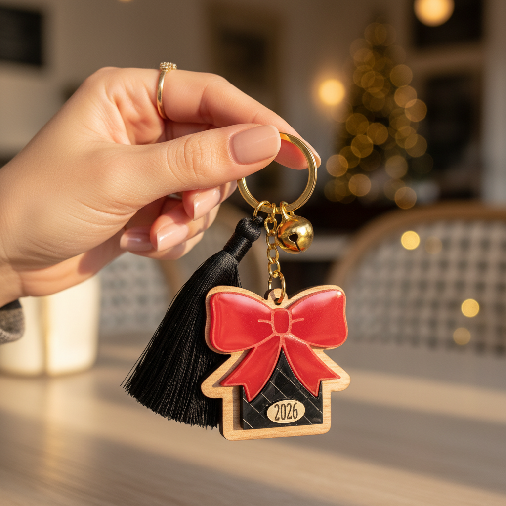 Χειροποίητο μπρελόκ γούρι 2026 με ξύλινο σπίτι και κόκκινο plexi φιόγκο, χονδρική So Cute by Dimi.