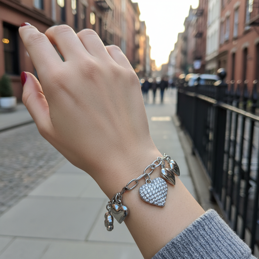 Βραχιόλι από ατσάλι με καρδιές και τετράφυλλα, διακοσμημένο με ζιργκόν, σε χρυσό και ασημί. So Cute by Dimi