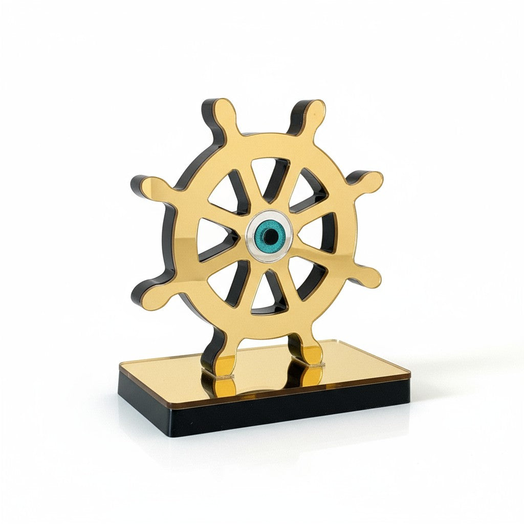 🤍✨ Επιτραπέζιο Γούρι Τιμόνι με Μάτι – Plexiglass Καθρέφτης (Χρυσό / Ασημί)