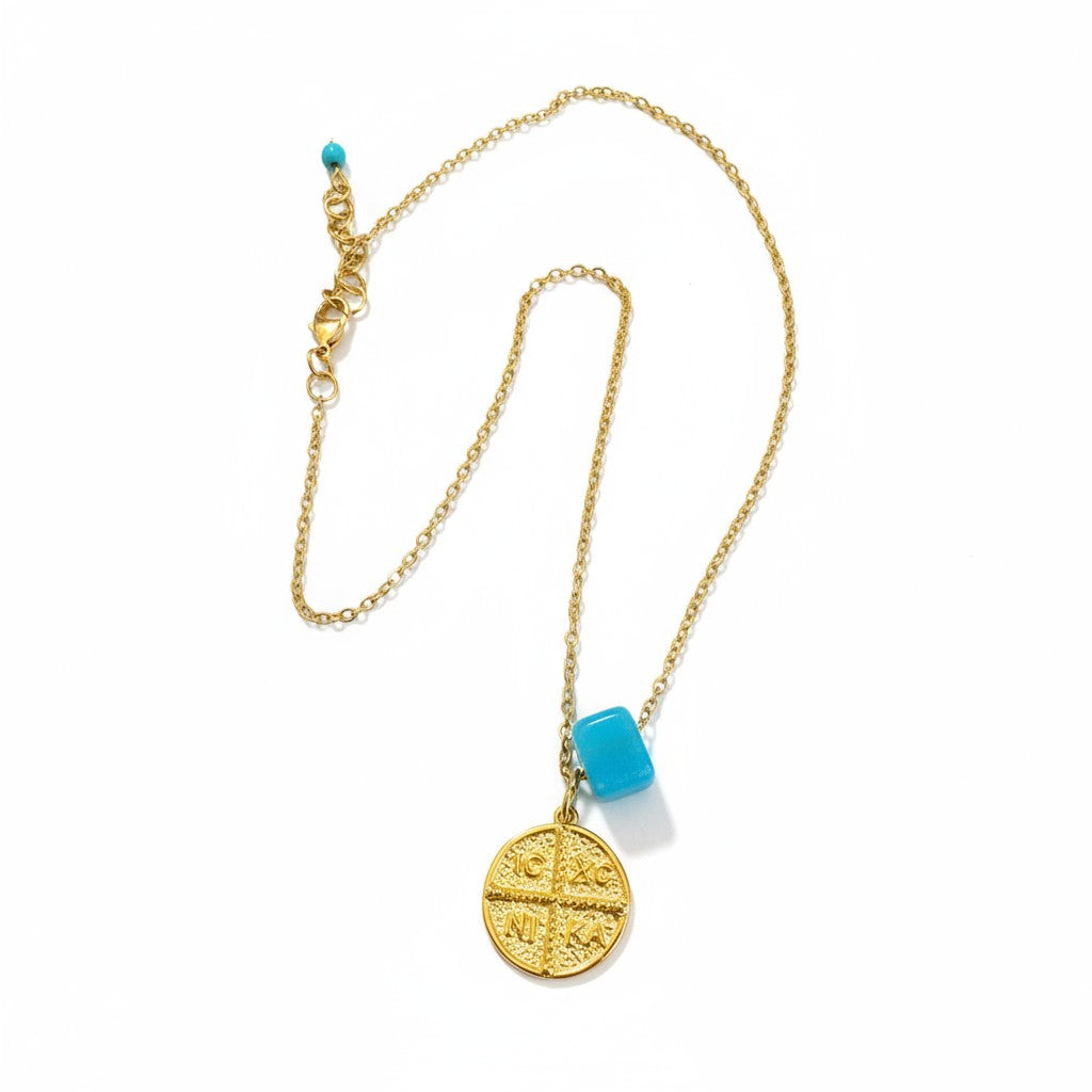 Ατσάλινο Κολιέ με Τυρκουάζ Κύβο & Κωνσταντινάτο, χονδρική So Cute by Dimi