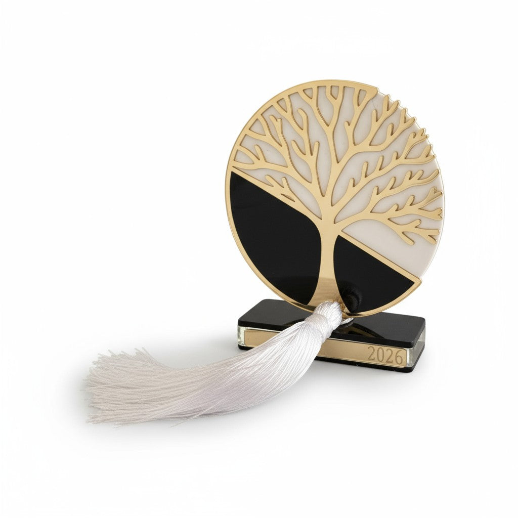 Plexiglass επιτραπέζιο γούρι Tree of Life Symbolic Luxe 2026 μαύρο–λευκό–χρυσό με φούντα — So Cute by Dimi Wholesale