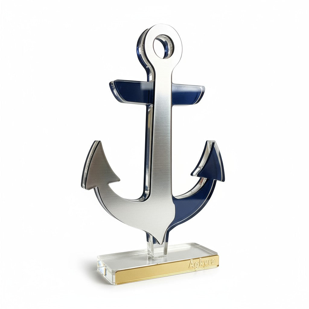 Γούρι plexiglass σε σχήμα άγκυρας από brushed ασημί καθρέφτη με διάφανη και χρυσή βάση –χονδρική So Cute by Dimi