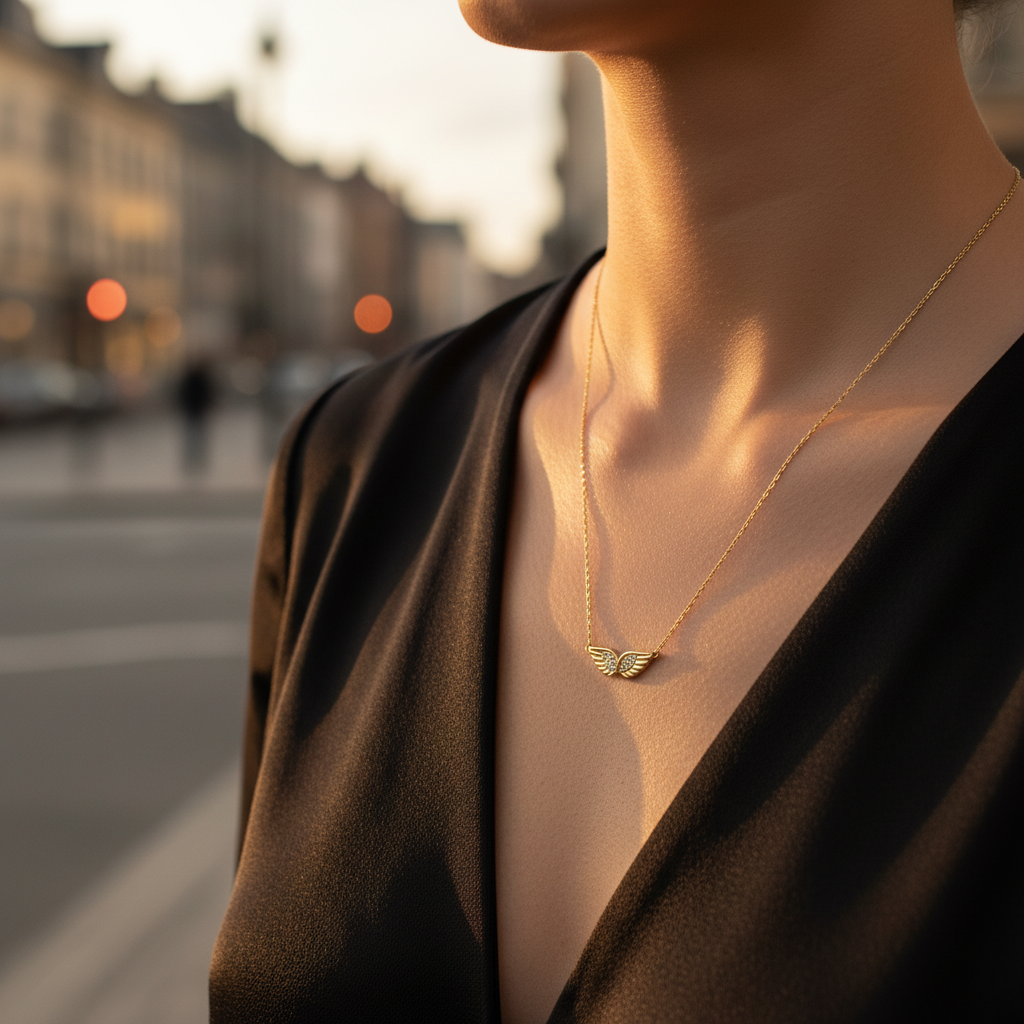 Delicate stainless steel necklace with small angel wing pendant in gold r – So Cute by Dimi.