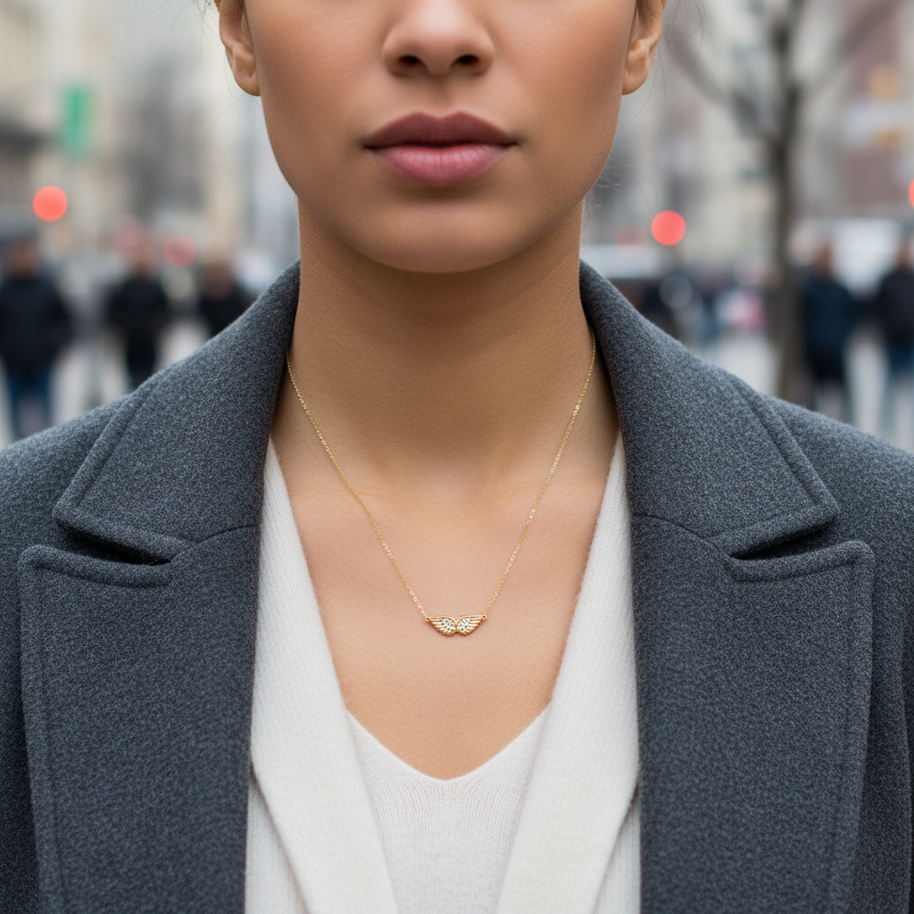 Delicate stainless steel necklace with small angel wing pendant in gold  – So Cute by Dimi.