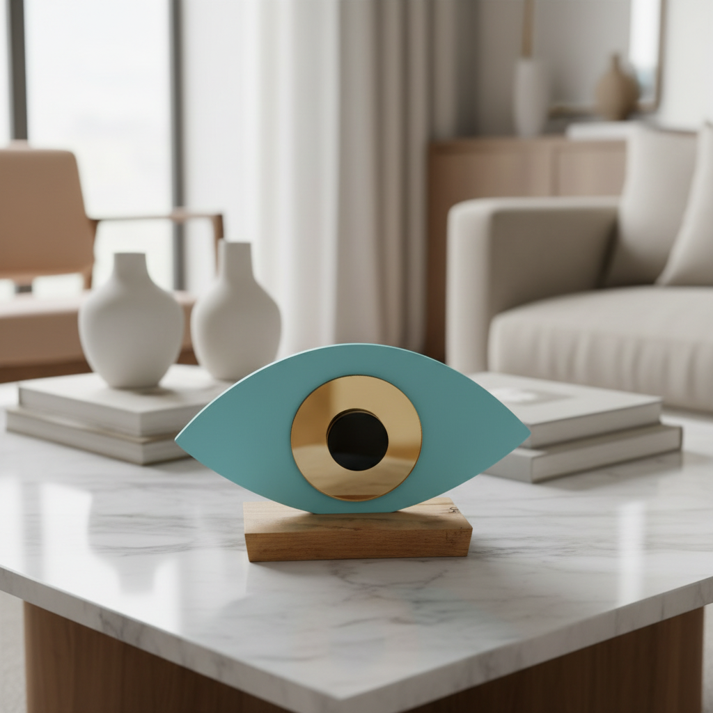 Οβάλ χειροποίητο γούρι plexiglass με μάτι και ξύλινη βάση – So Cute by Dimi