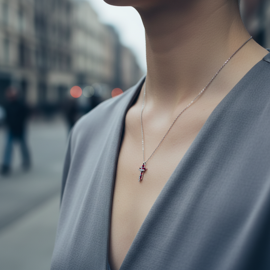Stainless steel double-cross necklace with crystals in silver– So Cute by Dimi.