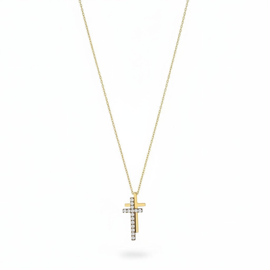 Stainless steel double-cross necklace with crystals in gold – So Cute by Dimi.