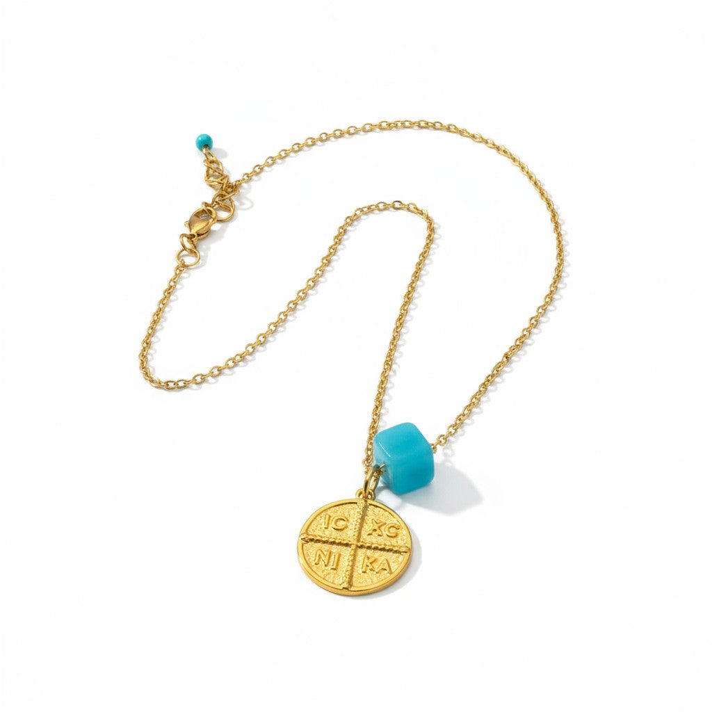 Ατσάλινο Κολιέ με Τυρκουάζ Κύβο & Κωνσταντινάτο, χονδρική So Cute by Dimi