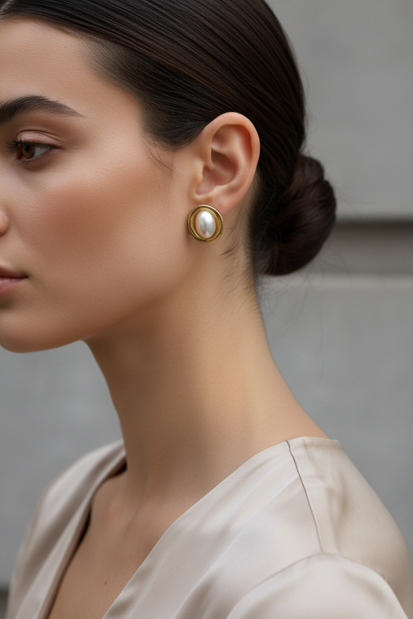 Ατσάλινα σκουλαρίκια με λευκή πέρλα και melted ακανόνιστο πλαίσιο σε χρυσό So Cute by DImi χονδρική