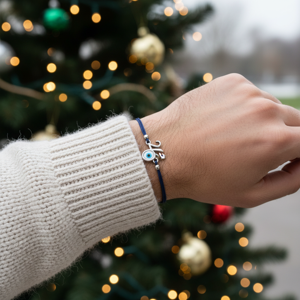 🤍✨Ανδρικό Βραχιόλι Γούρι 2026 με Μάτι & Χρωματιστό Κορδόνι – Silver Edition