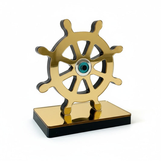 🤍✨ Επιτραπέζιο Γούρι Τιμόνι με Μάτι – Plexiglass Καθρέφτης (Χρυσό / Ασημί)