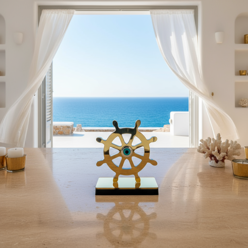 🤍✨ Επιτραπέζιο Γούρι Τιμόνι με Μάτι – Plexiglass Καθρέφτης (Χρυσό / Ασημί)