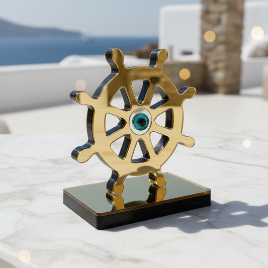 🤍✨ Επιτραπέζιο Γούρι Τιμόνι με Μάτι – Plexiglass Καθρέφτης (Χρυσό / Ασημί)