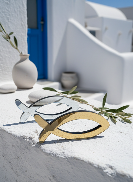 Χρυσό και ασημί επιτραπέζιο ψάρι από πλεξιγκλάς σε κυκλαδίτικο σκηνικό με λευκούς τοίχους και κλαδάκι ελιάς