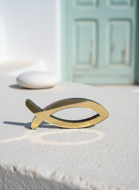 Κοντινό χρυσού επιτραπέζιου ψαριού από πλεξιγκλάς πάνω σε λευκή πέτρινη επιφάνεια