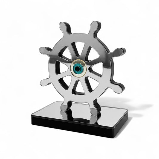 🤍✨ Επιτραπέζιο Γούρι Τιμόνι με Μάτι – Plexiglass Καθρέφτης (Χρυσό / Ασημί)