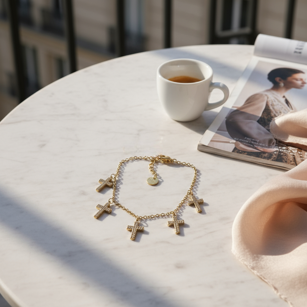 Ατσάλινο βραχιόλι με πέντε σταυρούς και ζιργκόν σε χρυσό & ασημί – So Cute by Dimi Wholesale