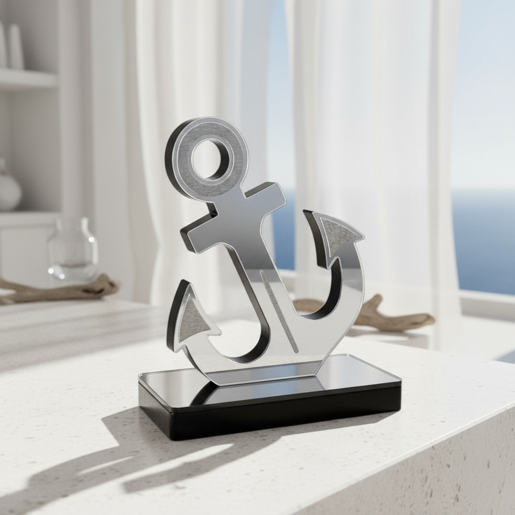 Επιτραπέζιο γούρι άγκυρα από πλεξιγκλάς καθρέφτη σε χρυσό ή ασημί, χειροποίητη δημιουργία So Cute by Dimi – ιδανικό για εταιρικά δώρα και luxury διακόσμηση.