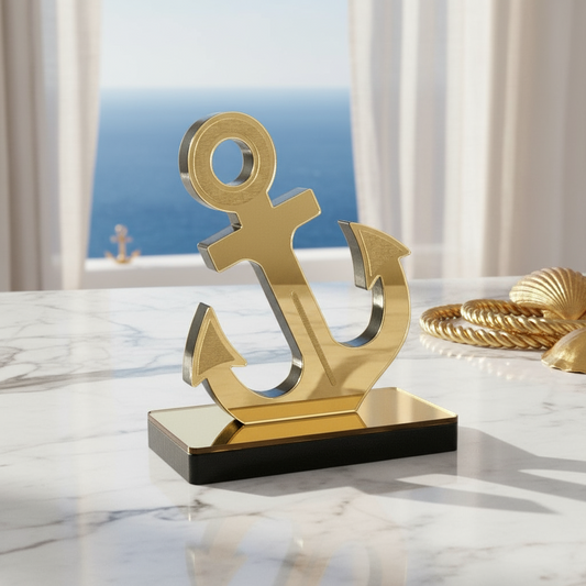 Επιτραπέζιο γούρι άγκυρα από πλεξιγκλάς καθρέφτη σε χρυσό ή ασημί, χειροποίητη δημιουργία So Cute by Dimi – ιδανικό για εταιρικά δώρα και luxury διακόσμηση.