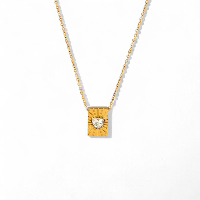 Ατσάλινο κολιέ με ορθογώνιο πλαίσιο και καρδιά ζιργκόν – Heartbeam Necklace So Cute by Dimi