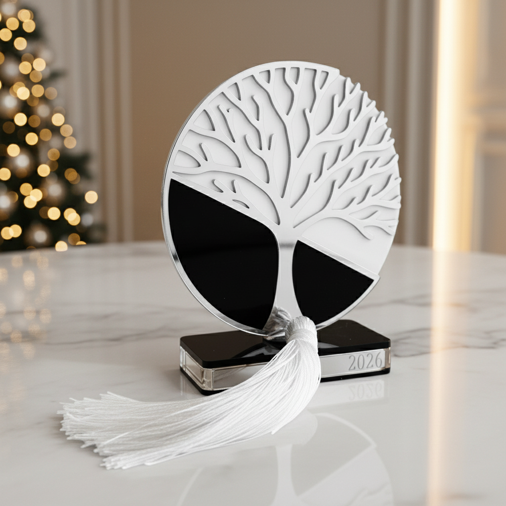 Plexiglass επιτραπέζιο γούρι Tree of Life Symbolic Luxe 2026 μαύρο–λευκό–χρυσό με φούντα — So Cute by Dimi Wholesale