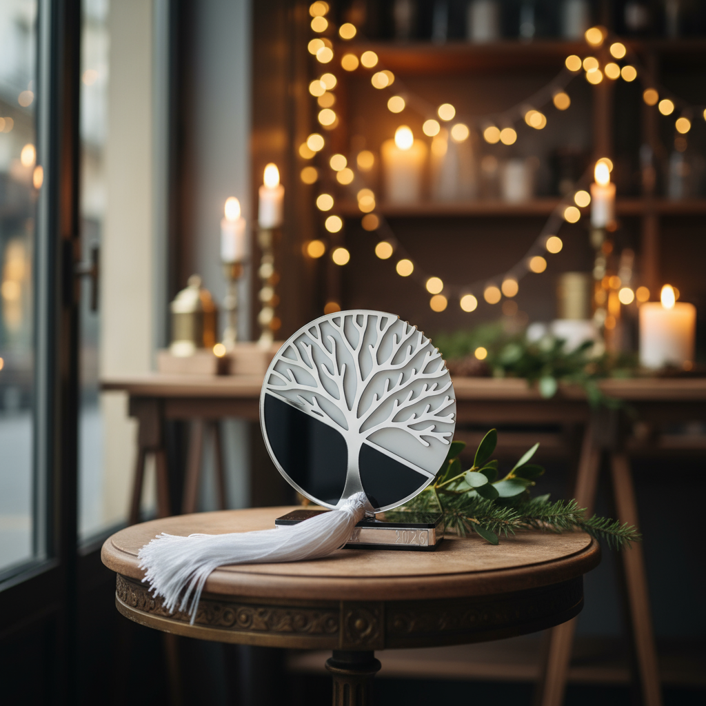 Plexiglass επιτραπέζιο γούρι Tree of Life Symbolic Luxe 2026 μαύρο–λευκό–ασημί με φούντα — So Cute by Dimi Wholesale