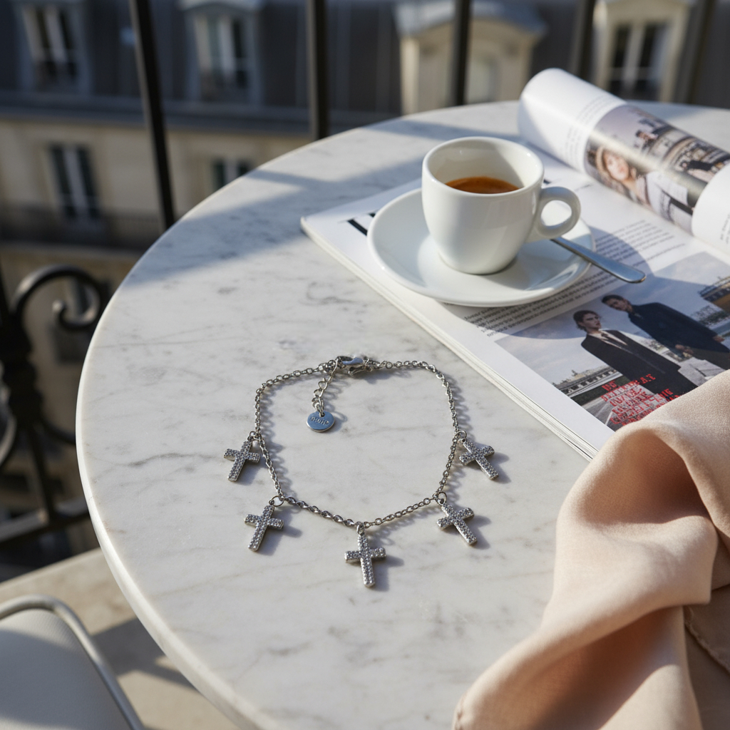 Ατσάλινο βραχιόλι με πέντε σταυρούς και ζιργκόν σε χρυσό & ασημί – So Cute by Dimi Wholesale