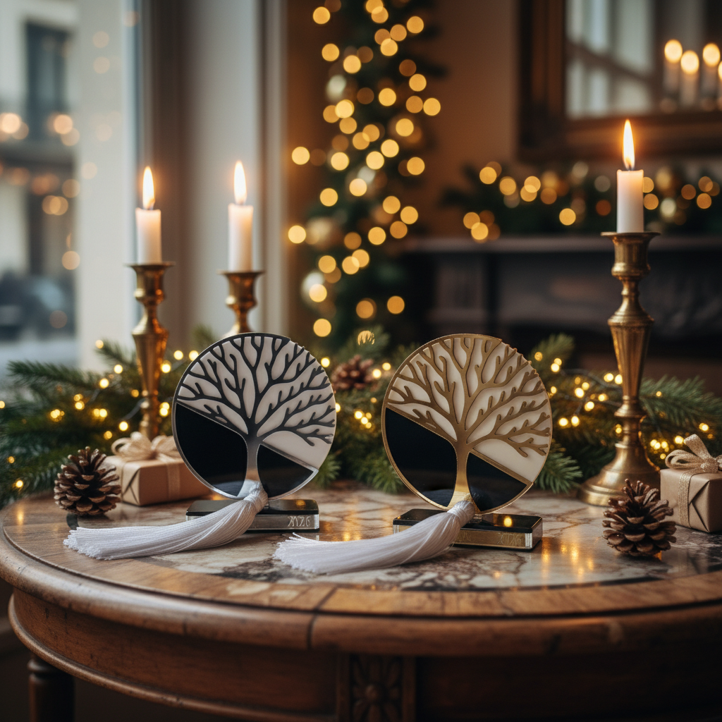 Plexiglass επιτραπέζιο γούρι Tree of Life Symbolic Luxe 2026 μαύρο–λευκό–χρυσό ή ασημί με φούντα — So Cute by Dimi Wholesale