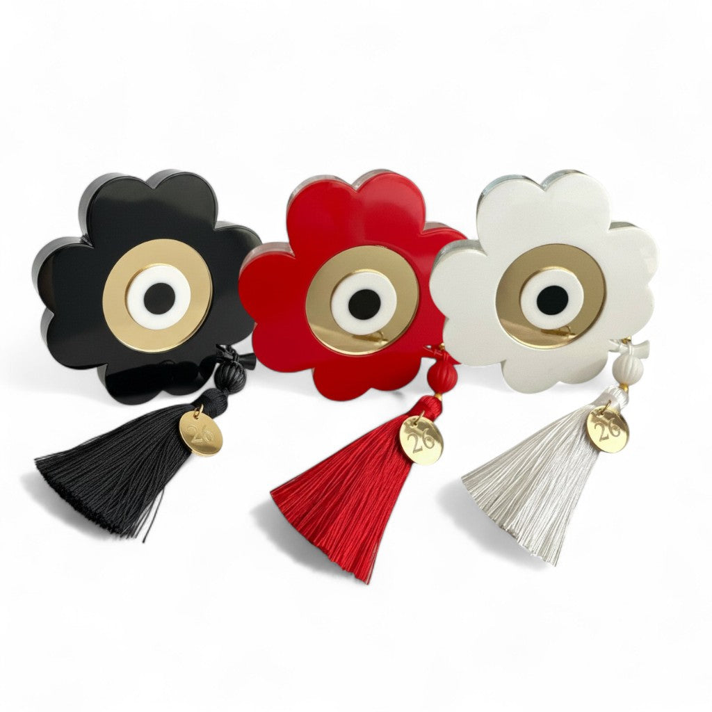 Handmade Lucky Tassel Clover plexiglass gouri with mirror detail and premium tassel – wholesale So Cute by Dimi