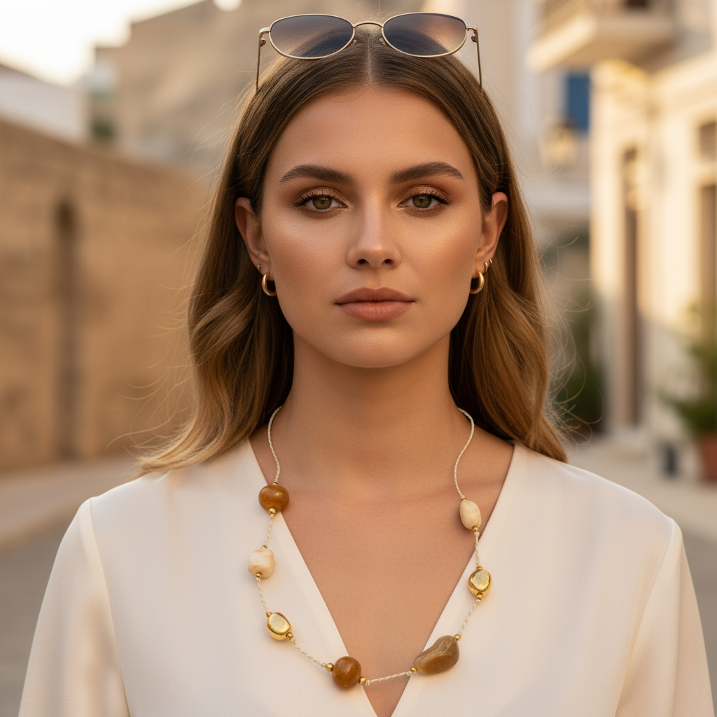 Μακρύ κολιέ με κορδόνι, χάντρες πέτρας και ατσάλινα μεταλλικά στοιχεία – So Cute by Dimi Χονδρική