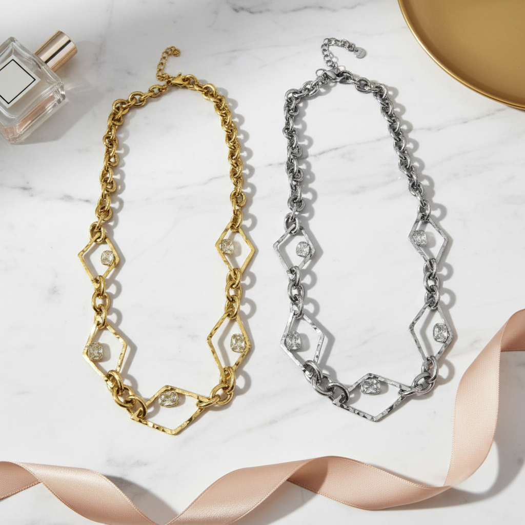 ⚡🚚Rhombus Glow Necklace – Ατσάλινο Κολιέ με Ζιργκόν