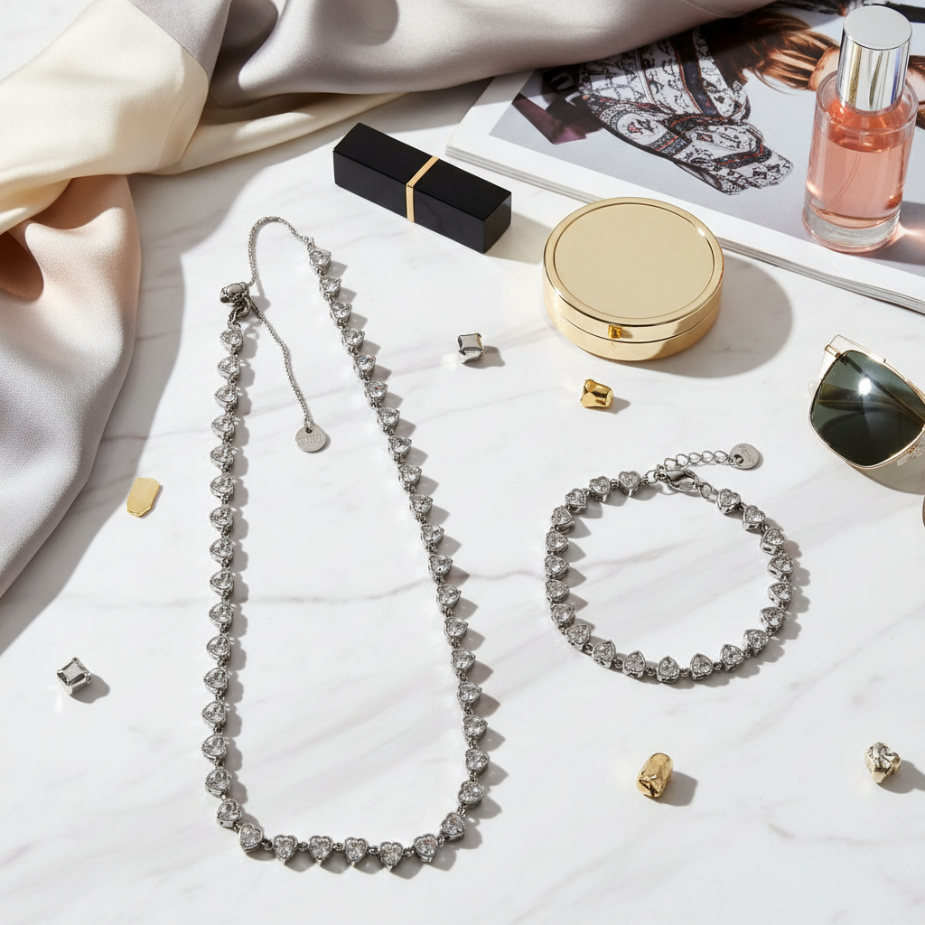 ⚡🚚 Heartline Sparkle Necklace – Ατσάλινο Κολιέ με Καρδιές Ζιργκόν