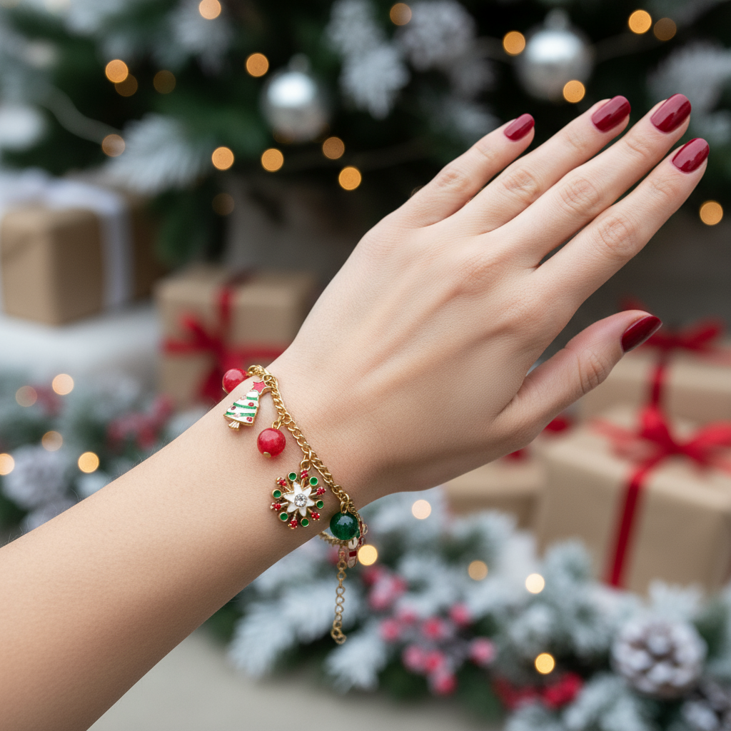Χρυσό ατσάλινο βραχιόλι γούρι 2026 με charms candy cane, δέντρο & χάντρες – So Cute by Dimi Wholesale