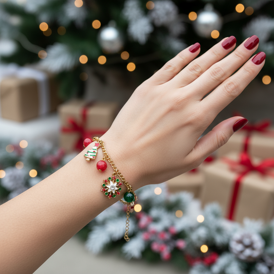 Χρυσό ατσάλινο βραχιόλι γούρι 2026 με charms candy cane, δέντρο & χάντρες – So Cute by Dimi Wholesale