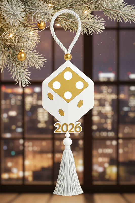 Plexiglass γούρι ζάρι Symbolic Luxe 2026 μαύρο ή λευκό με φούντα — So Cute by Dimi Wholesale