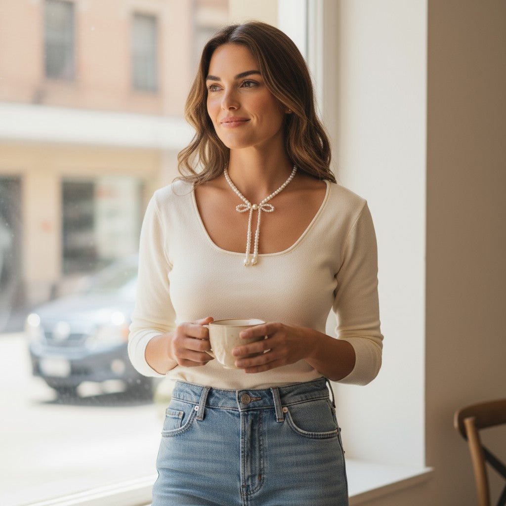 Χειροποίητο κολιέ με πέρλες και φιόγκο – Felicia Necklace – So Cute by Dimi