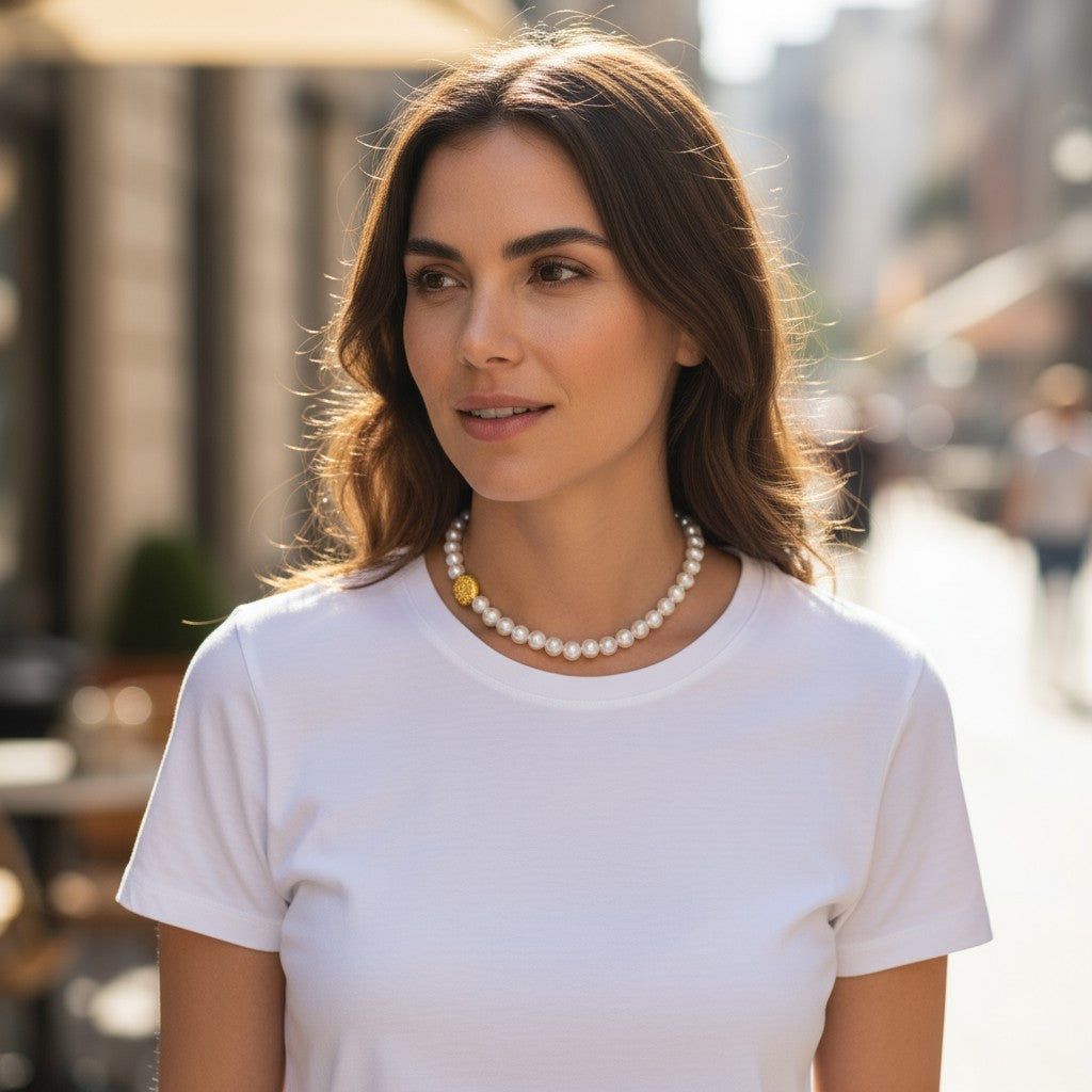 🤍✨ Goldy Pearls Necklace – Χειροποίητο Κολιέ με Πέρλες & Οβάλ Πέτρα Λάβας