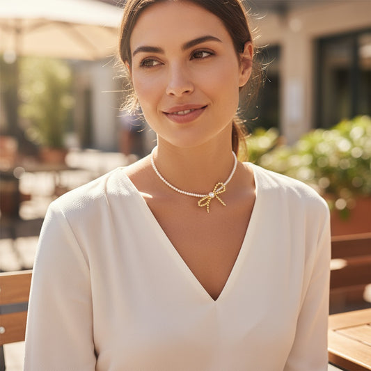 Χειροποίητο choker κολιέ με πέρλες και φιογκάκι αιματίτη – Irene Choker Necklace – So Cute by Dimi